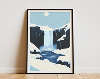May include: A framed art print featuring a winter landscape with a waterfall. The artwork depicts a waterfall cascading into a blue pool, surrounded by snow-covered cliffs. The sky is light blue with a full moon and falling snow.