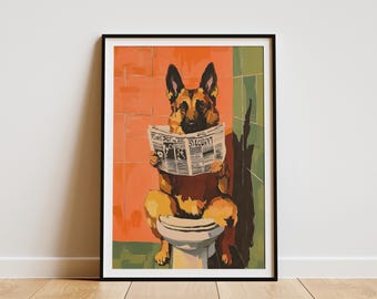 May include: A framed art print featuring a German Shepherd dog sitting on a toilet and reading a newspaper. The dog is brown, black, and tan, with the newspaper displaying the text "SECUNT". The background has orange and green tones.
