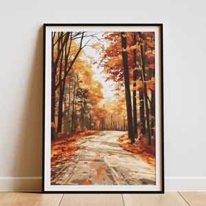 Herbst Waldweg Poster Vintage Reise Print Herbstlaub Wand Kunst Wald Landschaft Print Natur Liebhaber Geschenk Landstraße Kunstdruck