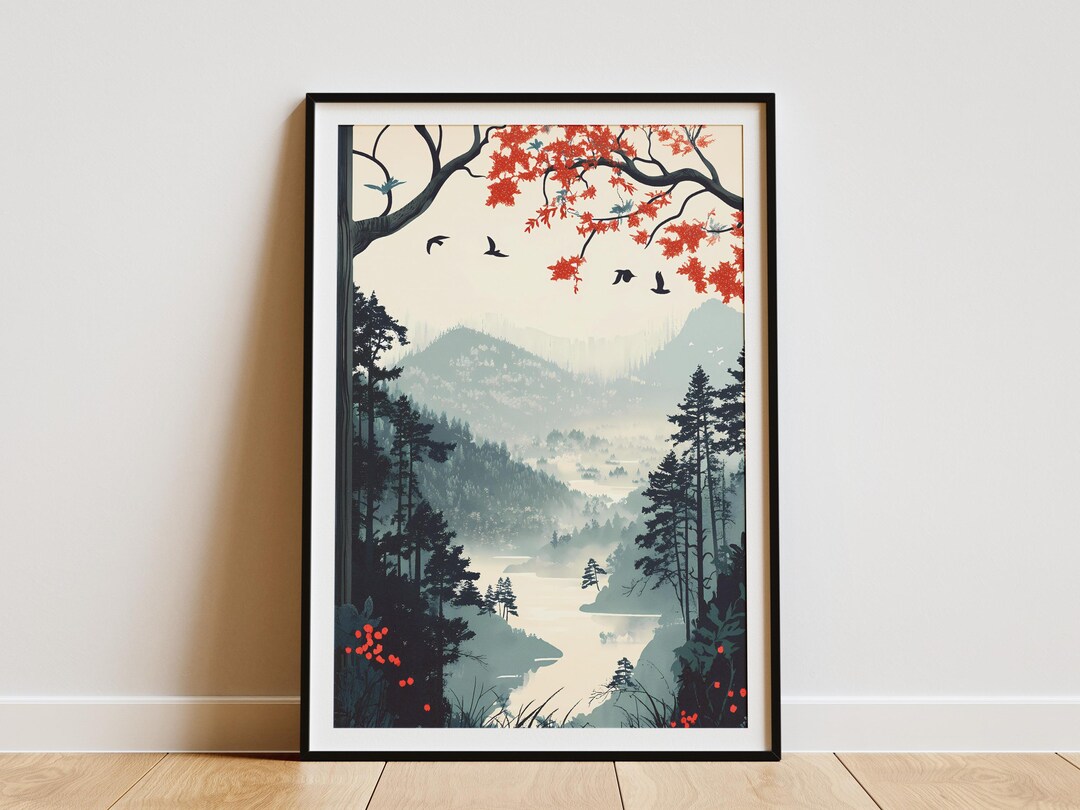 Misty Forest Lake Poster Nature Art Print Calm Landscape Wall Decor ...