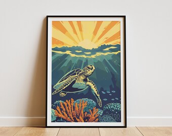Sea Turtle Coral Reef Poster Ocean Art Print Underwater Sunset Tropical Wall Decor Beach Home Decor