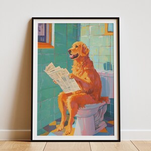Golden Retriever Dog On Toilet Reading Newspaper Art Print Funny Bathroom Decor Dog Lover Gift Humorous Pet Portrait  Poster Novelty