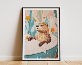 May include: A framed art print featuring a brown otter in a teal bathtub filled with bubbles. The background has a floral design with pink, blue, and yellow accents. The artwork is displayed on a white wall.