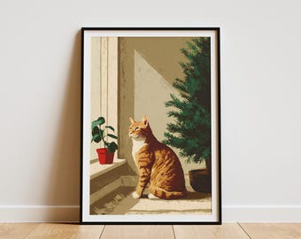 Christmas Cat Art Print Festive Holiday Decor Orange Tabby Kitty Home Decor Poster Cozy Winter Animal Wall Art Print