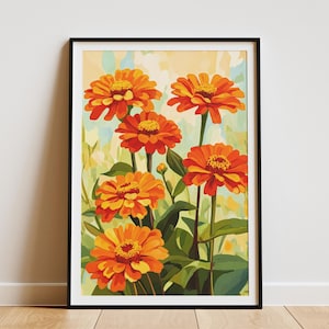 Orange Zinnia Flower Poster Summer Floral Art Print Botanical Wall Decor Orange Flower Painting Modern Home Decor Orange Zinnias Garden Art