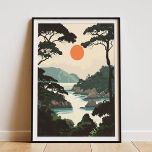Póster de la isla de Yakushima, Japón, impresión de paisaje japonés, arte minimalista moderno, ilustración de escena costera, decoración de pared de naturaleza, vista al mar