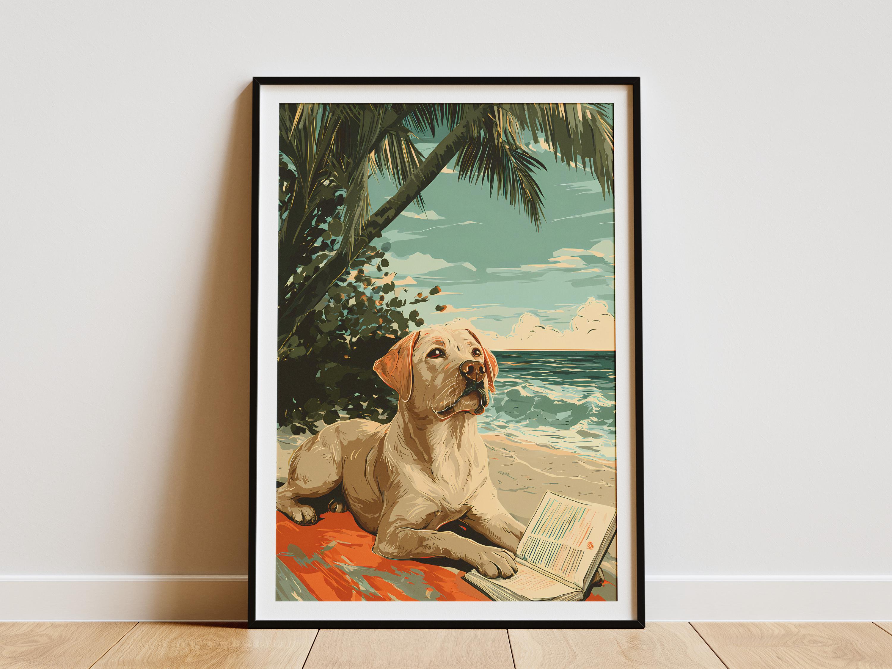 Labrador Retriever Dog Beach Reading Art Print Coastal Pet