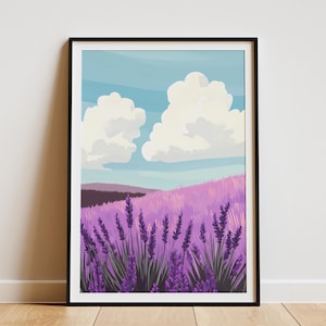 Lavendelfeld Poster Lila Blumen Kunstdruck Lavendel Wiese Wand Dekor Bauernhaus Dekor Boho Druck Lila Botanische Illustration Romantisch