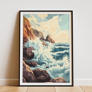 Ocean Wave Poster Dramatic Coastal Scene Blue Green White Wave Art Print Beach House Decor Seascape Painting Coastal Wall Art