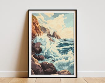 Ozeanwellen-Poster Dramatische Küstenlandschaft Blau Grün Weiß Wellen Kunstdruck Strandhaus Dekoration Meereslandschaft Gemälde Küstenwandkunst