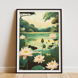 Water Lily See Poster Friedliche Natur Kunstdruck botanische Illustration Blumenwand dekor modernes Wohndekor Lily Pad Seeszene Sommer