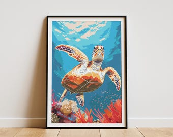 Sea Turtle Coral Reef Poster Ocean Animal Wall Art Tropical Beach Decor Home Decor Gift