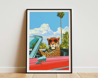 Leopard Driving Convertible Retro Animal Art Vintage Car Print Sunglasses Cool Cat