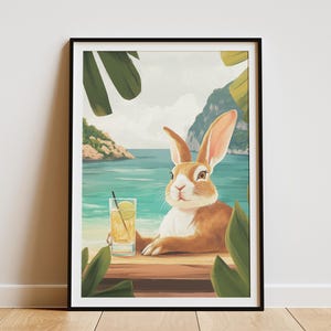 Sommer Strand Kaninchen Cocktail Poster Druck Süßer Hase Kunst Küstentier Dekor Tropische Bar Ozean Tier Illustration Sommer Vibes Lustig