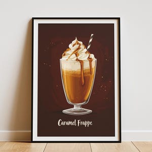Cartel de bebida Frappé de caramelo Cartel de bebida de café Cartel de cafetería Cartel de crema batida Cartel de golosina Cartel de bebida deliciosa marrón y beige