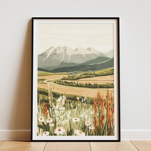 Bergwiese Landschaft Kunstdruck Frühlingsblumen Grünes Tal Moderne Natur Poster Botanische Wanddekor ruhige Wohnkultur Gelassene Landschaft