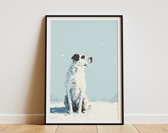 May include: Framed art print featuring a white dog with black spots, sitting in the snow. The dog is looking up against a light blue background with falling snow. The artwork is in a black frame.
