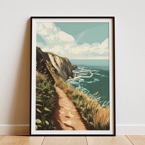 Póster de sendero junto al acantilado del océano, arte de pared con paisaje costero, impresión de paisaje natural, decoración de playa, pintura de paisaje marino tranquilo, decoración moderna para el hogar, viajes
