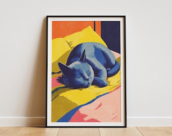 Matisse Style Russian Blue Cat Sleeping Art Print Cozy Feline Home Decor Vibrant Pet Portrait Abstract Animal Wall Art for Cat Lovers