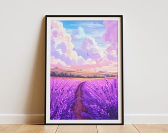 Lavender Field Poster Purple Flowers Landscape Print Boho Wall Art Farmhouse Decor Botanical Illustration Nature Scene Summer Meadow Art