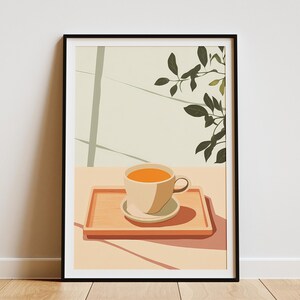 Tea Cup on Wooden Tray Poster Minimalist Tea Art Print Modern Kitchen Decor print Wall Art Home Decor Botanical Illustration Tea Lover Gift