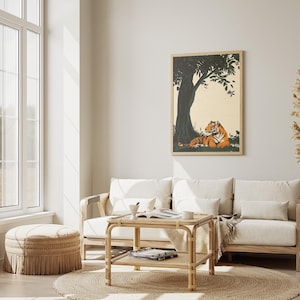 Stampa su legno con tigre sotto un albero di banyan, poster artistico con animali, decorazione murale con natura, stampa artistica con tigre del Bengala, ispirazione vintage, arte della giungla, fauna selvatica immagine 4
