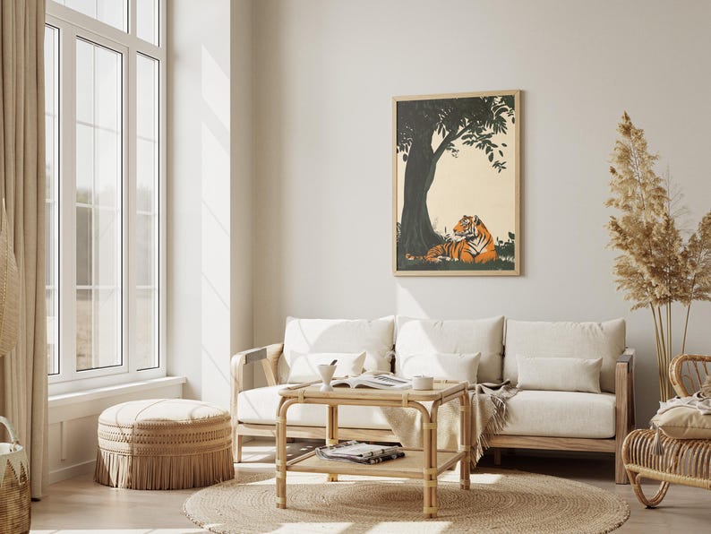 Stampa su legno con tigre sotto un albero di banyan, poster artistico con animali, decorazione murale con natura, stampa artistica con tigre del Bengala, ispirazione vintage, arte della giungla, fauna selvatica immagine 4