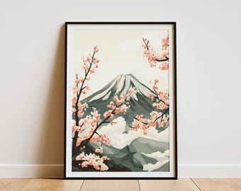 Japanese Cherry Blossom Tree Poster Mount Fuji Art Print Asian Landscape Wall Decor Pink Flowers and Mountain Scene Modern Minimalist Home