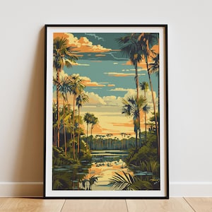 Everglades National Park Poster Vintage Travel Poster Palm Tree Landscape Art Print Florida Nature Art