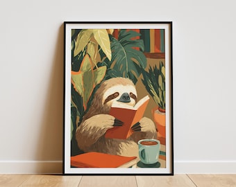 May include: A framed art print featuring a sloth reading a book. The sloth is surrounded by lush green plants and a cup of coffee. The artwork has a warm color palette with shades of brown, green, and orange. The print is displayed on a white wall.
