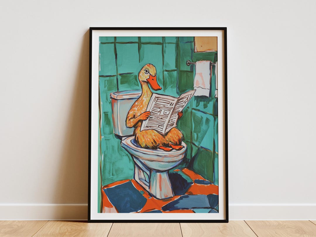 Funny Duck on Toilet Reading Newspaper Bathroom Wall Art Print Poster ...