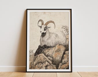 Ziege Art Print Tier Poster Traditionelle Chinesische Kunst Stil Bergziege Wand Dekor Goat on Rocks Fine Art Print Home Decor Tier
