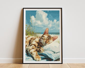 Bengal Cat Beach Doze Poster Relaxing Feline Art Print Sleepy Ocean Scene Wall Decor Coastal Pet Lover Gift Idea Tropical Beach House Decor