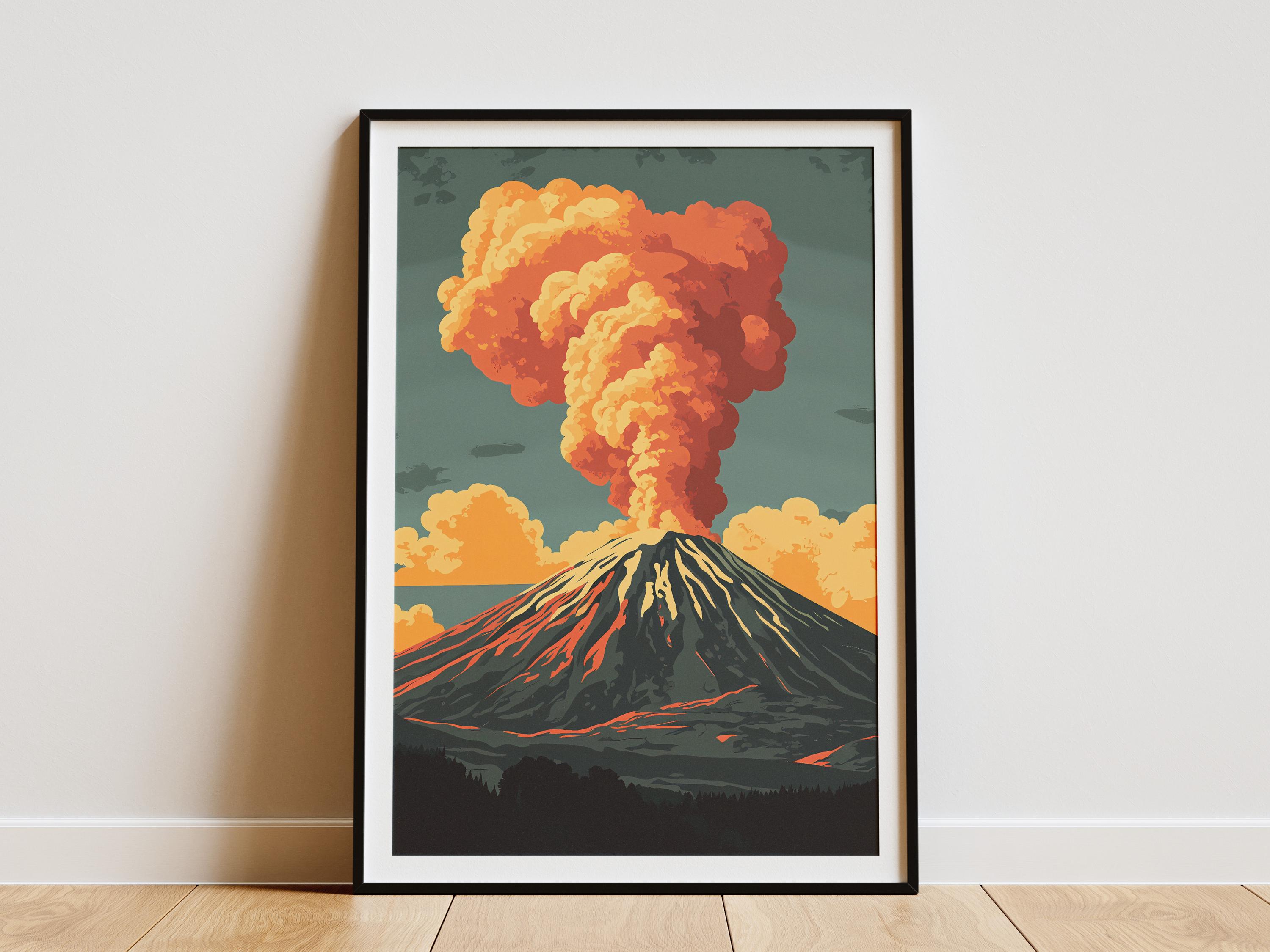 Mount Etna Erupting Volcano Italy Poster Print Sicilian Landscape Art Vintage Travel Poster Modern Volcanic Mountain Illustration Flat