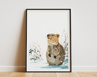Quokka Snow Art Print Winter Animal Illustration Wall Decor Happy Quokka Digital Poster Modern Nursery Wildlife Art Gift