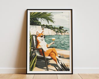 Shiba Inu Beach Poster Dog Art Print Summer Vacation Coastal Dog Cute Shiba Inu Funny Dog Modern Dog Art Pet Lover Gift Dog Lover Gift
