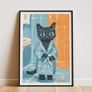 Póster de gatito azul ruso con ilustración de animal adorable, decoración de baño, arte infantil, póster divertido de gatito en bata de baño, regalo para amantes de las mascotas