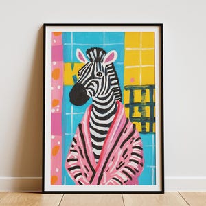 Painting Zebra in a Bathrobe Bathroom Poster Print Modern Animal Art Funny Zebra in Pink Robe Unique Animal Wall Decor Quirky Bathroom