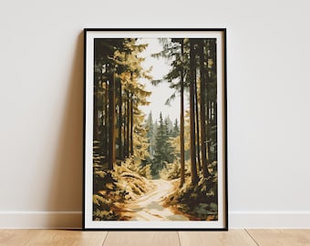 May include: A framed art print of a forest scene. The artwork depicts a path winding through tall trees, with sunlight filtering through the canopy. The color palette is dominated by shades of brown, green, and gold, creating a warm and inviting atmosphere.