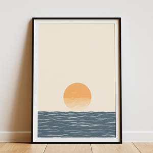 Impresión minimalista de puesta de sol en el océano, arte de pared costero moderno, decoración de casa de playa, póster de amanecer en el mar, arte abstracto naranja y azul, escena tranquila del océano