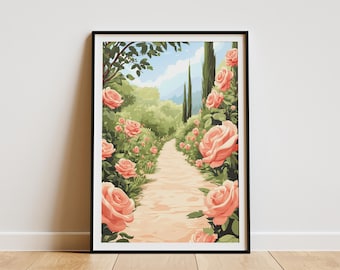 Bloeiende rozen tuinpad poster roze bloemen natuur kunst print botanische illustratie rozentuin muur decor woondecoratie