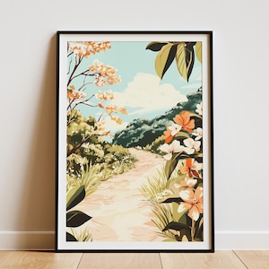 Botanischer Garten Weg Poster Pfirsich und Grün Floral Kunstdruck Moderne botanische Illustration Frühling Sommer Wand Dekoration Natur Weg Poster