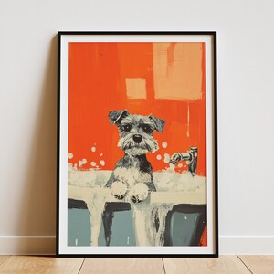 Miniature Schnauzer Puppy Art Print Foamy Bathtub Poster Dog Lover Gift Pet Wall Art Cute Animal Painting Nursery Decor Puppy in Tub Art