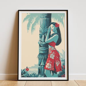 Hula Dancer and Tiki Totem Poster Vintage Hawaiian Travel Art Print Tropical Island Wall Decor Retro Style Hula Girl Art Print Beach House