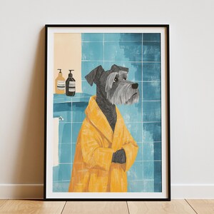Impresión artística de perro Schnauzer miniatura para la hora del baño, divertido póster de animales, decoración de pared para baño, arte de perro en bata, linda impresión canina, regalo para amantes de las mascotas