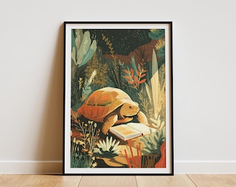 May include: A framed art print featuring a tortoise reading a book in a lush, colorful garden setting. The tortoise has a brown and orange shell, and the book is open. The artwork is framed in a black frame.