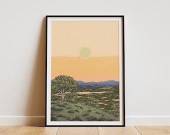 Texas Hill Country Sunset Poster Moonlit Scene Vintage Style Art Print Texas Travel Poster Texas Wall Art Hill Country Decor Landscape Art