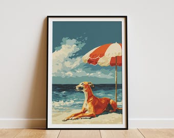 May include: Framed art print featuring a dog relaxing on a beach under a red and white striped umbrella. The artwork has a vintage, stylized aesthetic with a blue sky, ocean, and sandy beach. The dog is a light brown color.