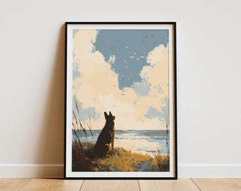 May include: Framed art print featuring a dog silhouette gazing at the ocean under a cloudy sky. The artwork uses a muted color palette of blues, yellows, and browns, evoking a serene coastal scene. The print is in a black frame.