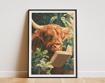 Intelligent Highland Cow Art Print Reading Book in Jungle Setting Digital Download Home Decor Whimsical Animal Wall Art Print Scottish Cow